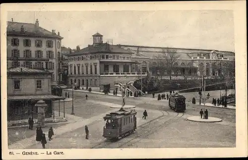 Ak Genève Genf Stadt, La gare, tramway