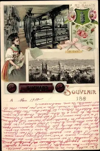 Litho St. Gallen Stadt, Frau in Tracht, Fabrik, Maschinen, Suchard Schokolade