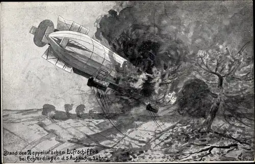 Künstler Ak Echterdingen, Brand des Zeppelin'schen Luftschiffes