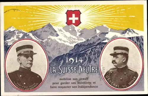Ak La Suisse Neute 1914, Th. Sprecher von Bernegg, General Ul. Wille, Grenzverteidigung