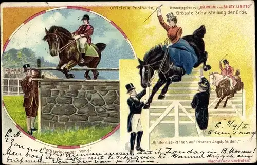 Litho Zirkus Schaustellung Barnum & Bailey, Hochspringender Pony, Hindernisrennen irische Jagdpferde