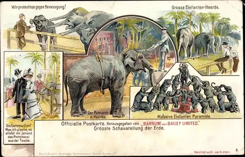 Litho Zirkus Schaustellung Barnum & Bailey, Elefantenherde, Elefanten Pyramide