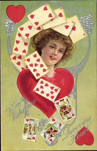 Präge Ak Valentinstag, To my Valentine, Queen of my Heart, Spielkarten, Herzkönigin