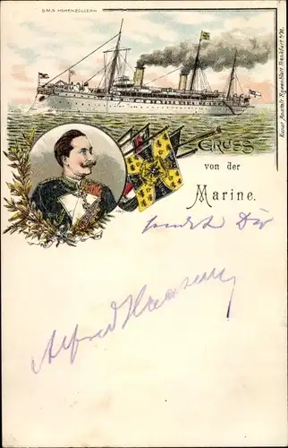 Litho Kaiserliche Marine, SMS Hohenzollern, Kaiser Wilhelm II., Fahnen