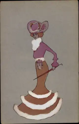 Künstler Ak Frauenportrait, Dame mit Hut und Kleid, Schirm