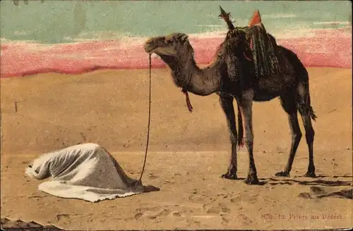 Ak La Prière au Desert, Araber beim Gebet in der Wüste, Kamel