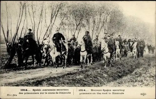 Ak Spahis marocains escortant des prisonniers sur la route de Dixmude, I WK