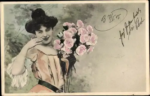 Ak Portrait einer Frau, Blumenstrauß, Kleid