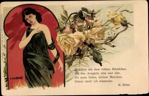 Künstler Litho Graf, G., Junge Frau, Grünes Kleid, Rosen, H. Heine Gedicht