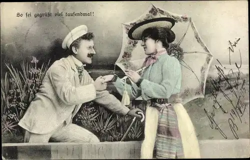 Ak Liebespaar, Frau mit Sonnenschirm, So sei gegrüßt viel tausendmal