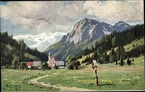 Künstler Ak Splitgerber, Gebirgslandschaft, Ortschaft, Wegkreuz