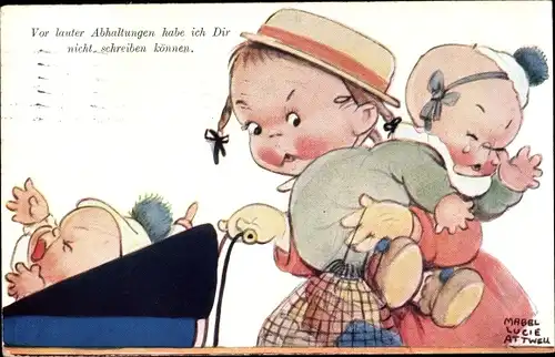 Künstler Ak Attwell, M. L., Mädchen mit weinenden Kindern, Kinderwagen