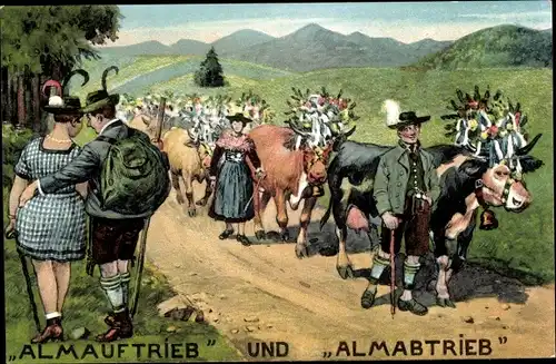 Ak Almauftrieb und Almabtrieb, Kühe, Festzug, Liebespaar