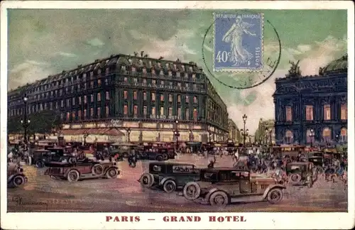 Künstler Ak Paris IX., Grand Hotel, Straßenpartie, Autos