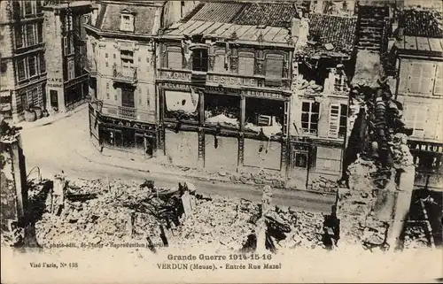 Ak Verdun Lothringen Meuse, Entree Rue Mazel, Kriegszerstörungen, I WK