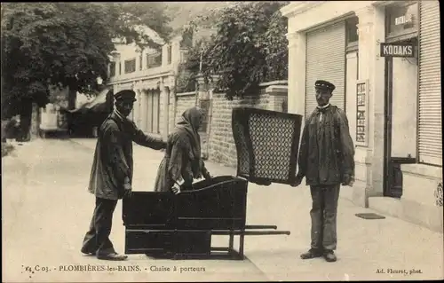 Ak Plombières les Bains Lothringen Vosges, Chaise a porteurs, Sänftenträger