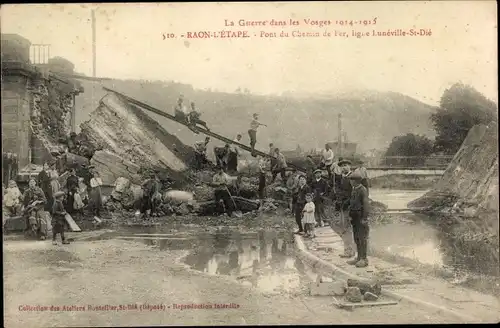 Ak Raon l'Étape Lothringen Vosges, Pont du Chemin de Fer, Kriegszerstörungen, I WK