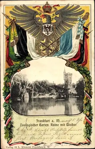 Wappen Ak Frankfurt am Main, Zoologischer Garten, Weiher mit Aussichtsturm, Fahnen