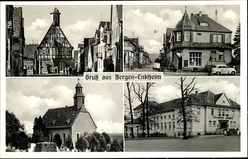 Ak Bergen Enkheim Frankfurt am Main, Volkshaus Enkheim, Kirche, Delikatessen