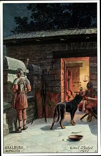 Künstler Ak Nebel, Carl, Bad Homburg v. d. Höhe, Kastell Saalburg, auf Wache, Hund