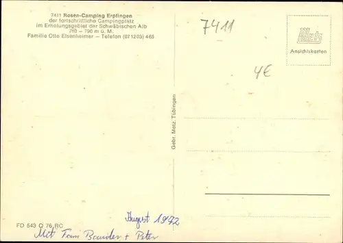 Ak Erpfingen Sonnenbühl in Württemberg, Rosen Camping, Panorama, Reisemobile