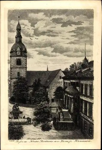 Künstler Ak Detmold in Nordrhein Westfalen, Reform. Kirche, Rathaus, Donopbrunnen