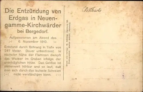 Künstler Ak Hamburg Bergedorf Neuengamme, Die Entzündung von Erdgas 1910