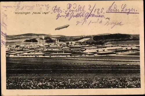 Ak Münsingen in Württemberg, Truppenübungsplatz, Neues Lager, Zeppelin