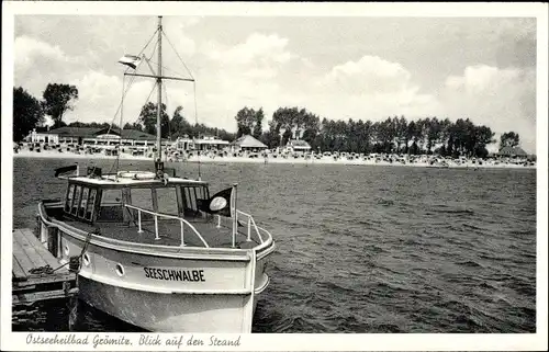 Ak Ostseebad Grömitz in Holstein, Blick zum Strand, Boot Seeschwalbe