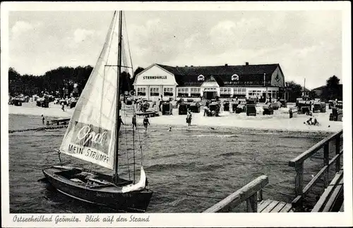 Ak Ostseebad Grömitz in Holstein, Blick auf den Strand, Segelboot, Reklame Opal, Mein Strumpf