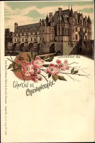 Litho Chenonceaux Indre et Loire, Schloss, Blumen