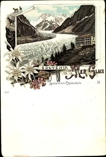 Litho Chamonix Mont Blanc Haute Savoie, Souvenir de la Mer de Glace, Edelweiß