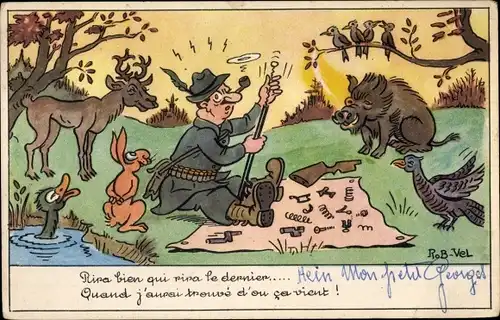 Künstler Ak Vel, R., Jäger repariert seine Jagdwaffe, Waldtiere, Hirsch, Ente
