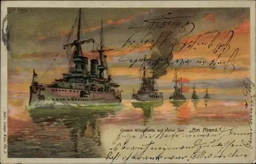 Künstler Litho Deutsche Kriegsschiffe, Kriegsflotte auf hoher See, Am Abend, Kaiserliche Marine