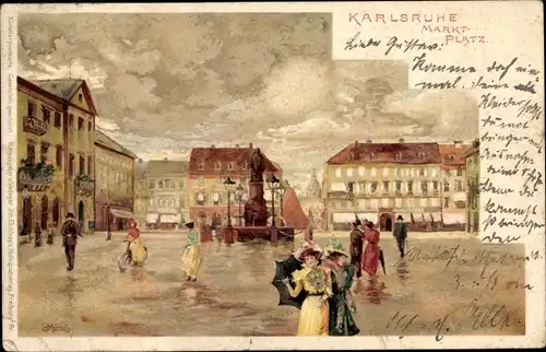 Künstler Litho Münch, C., Karlsruhe in Baden, Marktplatz