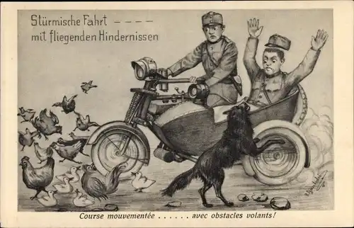 Künstler Ak Stürmische Fahrt mit fliegenden Hindernissen, Motorrad mit Beiwagen, Schweizer Soldaten