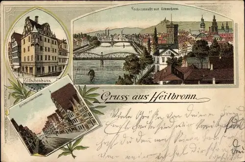 Litho Heilbronn am Neckar, Gesamtansicht, Götzenturm, Käthchenhaus, Kirchbrunnenstraße