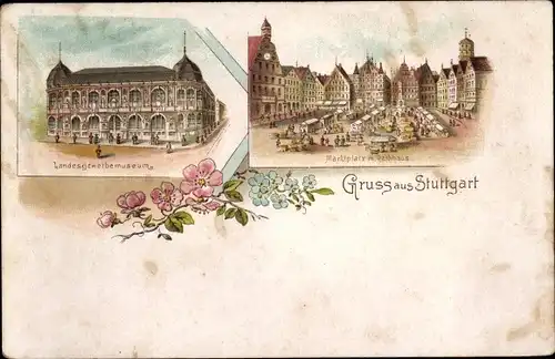 Litho Stuttgart in Württemberg, Landesgewerbemuseum, Marktplatz, Rathaus