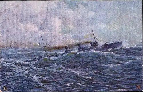 Künstler Ak Matthiessen, Karl, Deutsches Kriegsschiff, SM Zerstörer a. K. fahrend