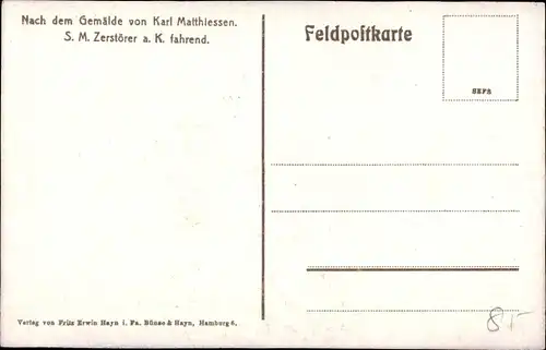 Künstler Ak Matthiessen, Karl, Deutsches Kriegsschiff, SM Zerstörer a. K. fahrend