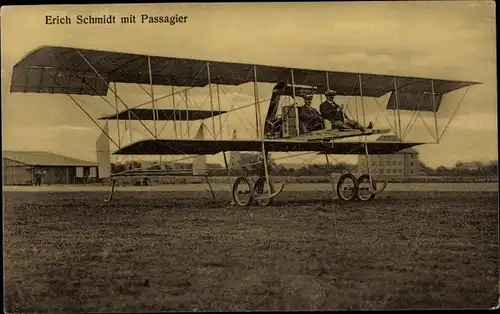 Ak Erich Schmidt mit Passagier, Flugpionier, Doppeldecker