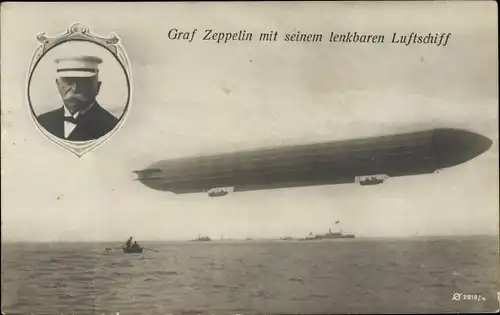 Ak Ferdinand Graf von Zeppelin, Portrait, Luftschiff LZ 3 über dem Bodensee