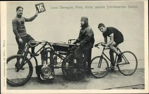 Ak Louis Darragon, Paris, hinter seinem Schrittmacher Darioli, Radrennfahrer, Steherrennen