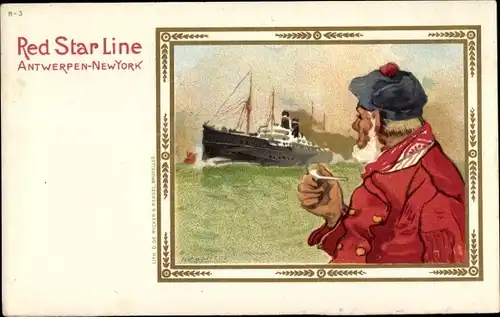 Litho Red Star Line, Antwerpen New York, Dampfer, Seemann mit Pfeife
