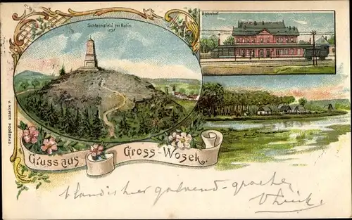 Litho Velky Vosek Velký Osek Groß Wossek Wosek Mittelböhmen, Bahnhof, Schlachtfeld 1737