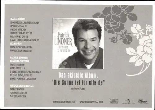 Ak Sänger Patrick Lindner, Portrait, Autogramm, Album Die Sonne ist für alle da