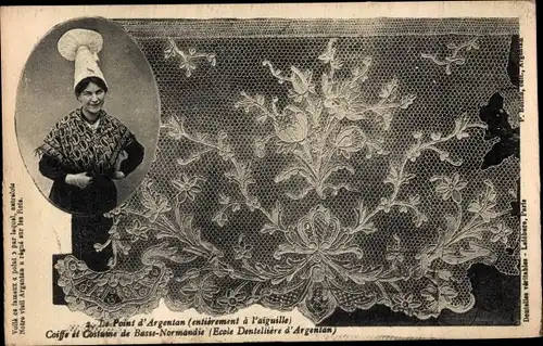 Ak Point d'Argentan, Coiffe et Costumes de Basse Normandie, Klöppelwerk