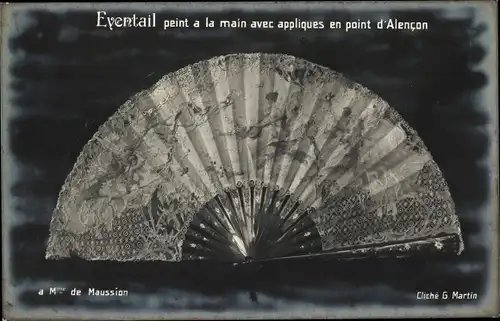 Ak Eventail peint a la main avec appliques en point d'Alencon, Fächer, Klöppelwerk
