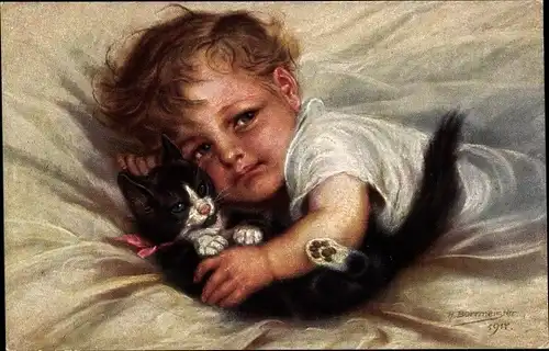 Künstler Ak Borrmeister, R., Gespielen, Kleinkind mit Katze