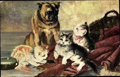 Künstler Ak Hund und kleine Katzen, Korb, Milchschale